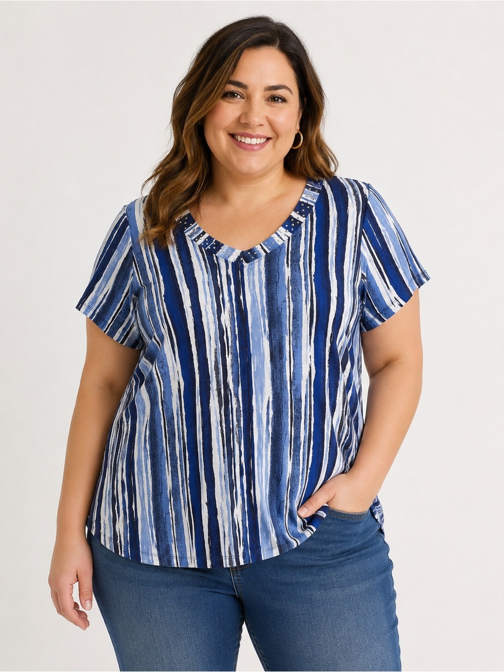 Roaman’s Women’s Blue Black White Striped Rhinestone V-Neck Top 14/16
